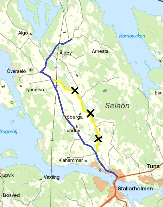 Kartbild över Selaön med markeringar för tillfällig busslinje 634